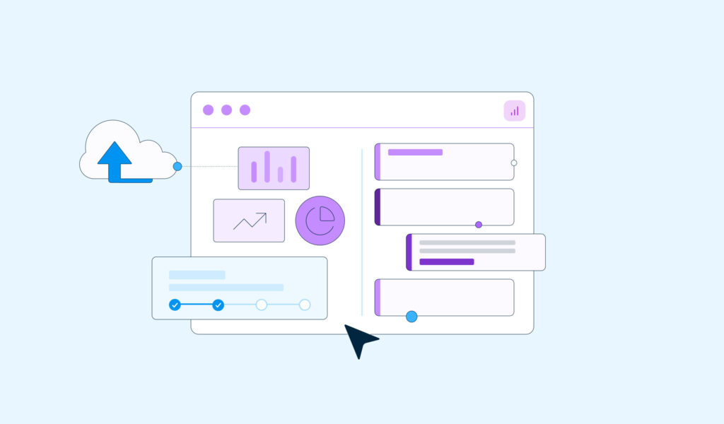 portada del articulo, 5 beneficios clave de-Power BI para empresas, interfaz visual de análisis de datos empresariales con gráficos, nube y automatización representada en un entorno digital