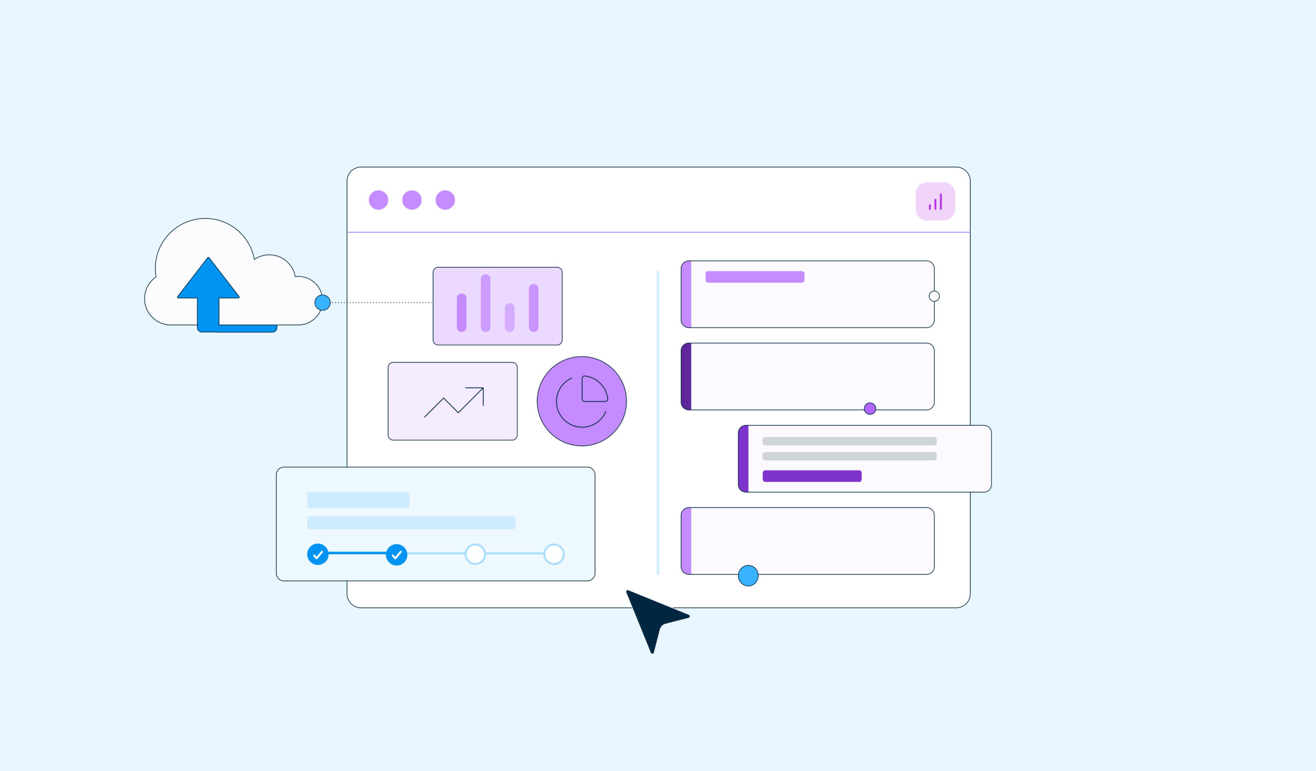 portada del articulo, 5 beneficios clave de-Power BI para empresas, interfaz visual de análisis de datos empresariales con gráficos, nube y automatización representada en un entorno digital