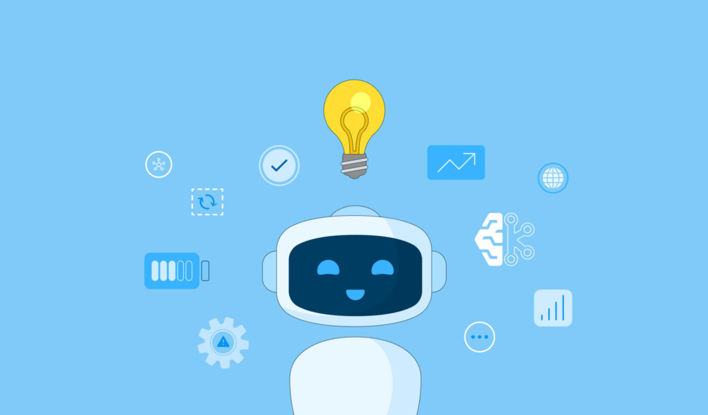 portada del articulo - Soluciones de inteligencia artificial para negocios_ aplicaciones reales y cómo implementarlas. robot ia con iconos a su lado referiendose a lo que temas tratados en el articulo.