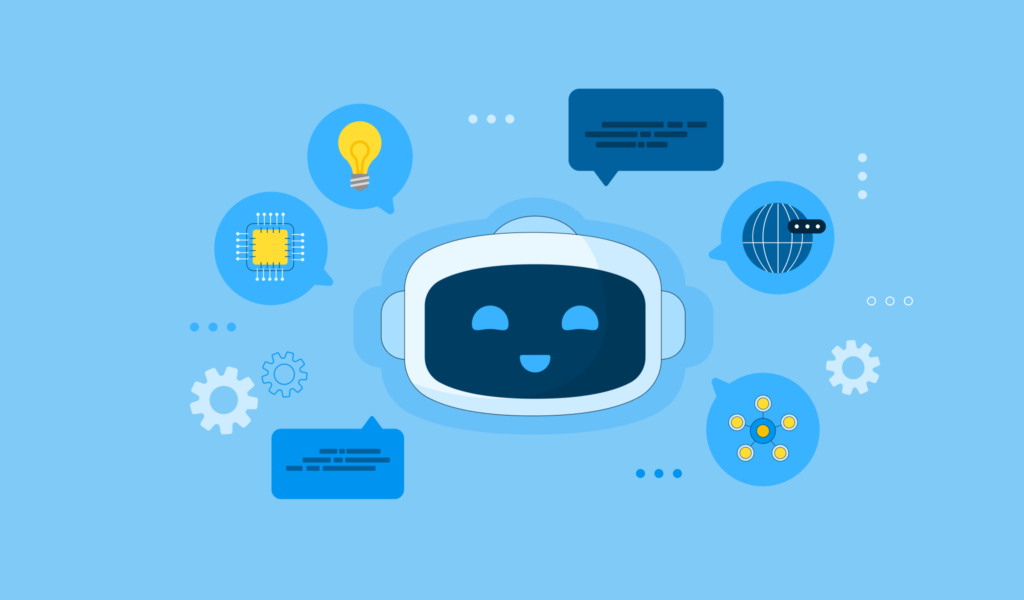 la imagen representa de manera abstracta los temas de articulo ¿Cuándo usar LLMs y cuándo desarrollar modelos entrenados a medida? . en el centro de la imagen se ve la cabeza de un robot (representando la ia) ilustrada, con elementos que lo acompañan a su alrededor.